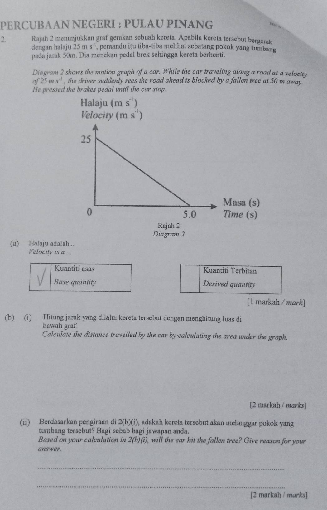 PERCUBAAN NEGERI : PULAU PINANG 
2. Rajah 2 menunjukkan graf gerakan sebuah kereta. Apabila kereta tersebut bergerak 
dengan halaju 25ms^(-1) , pemandu itu tiba-tiba melihat sebatang pokok yang tumbang 
pada jarak 50m. Dia menekan pedal brek sehingga kereta berhenti. 
Diagram 2 shows the motion graph of a car. While the car traveling along a road at a velocity 
of 25ms^(-1) , the driver suddenly sees the road ahead is blocked by a fallen tree at 50 m away. 
He pressed the brakes pedal until the car stop. 
Halaju (ms^(-1))
Velocity (ms^(-1))
Rajah 2 
Diagram 2 
(a) Halaju adalah... 
Velocity is a ... 
Kuantiti asas Kuantiti Terbitan 
Base quantity Derived quantity 
[l markah / mark] 
(b) (i) Hitung jarak yang dilalui kereta tersebut dengan menghitung luas di 
bawah graf. 
Calculate the distance travelled by the car by calculating the area under the graph. 
[2 markah / marks] 
(ii) Berdasarkan pengiraan di 2(b)(i) , adakah kereta tersebut akan melanggar pokok yang 
tumbang tersebut? Bagi sebab bagi jawapan anda. 
Based on your calculation in 2(b)(i) , will the car hit the fallen tree? Give reason for your 
answer. 
_ 
_ 
[2 markah / marks]