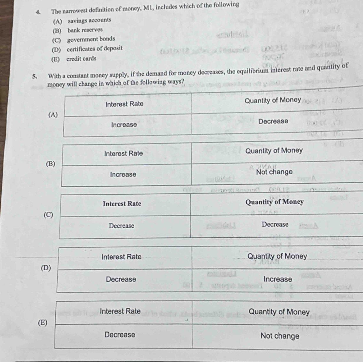 The narrowest definition of money, M1, includes which of the following
(A) savings accounts
(B) bank reserves
(C) government bonds
(D) certificates of deposit
(E) credit cards
5. With a constant money supply, if the demand for money decreases, the equilibrium interest rate and quantity of
money will change in which of the following ways?
Interest Rate Quantity of Money
(B)
Increase Not change
Interest Rate Quantity of Money
(C)
Decrease Decrease
Interest Rate Quantity of Money
(D)
Decrease Increase
Interest Rate Quantity of Money
(E)
Decrease Not change