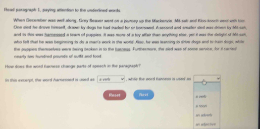 Read paragraph 1, paying attention to the underlined words. 
When December was well along, Grey Beaver went on a journey up the Mackenzie. Mit-sah and Kloo-kooch went with him 
One sled he drove himself, drawn by dogs he had traded for or borrowed. A second and smaller sled was driven by Mit-sah, 
and to this was harnessed a team of puppies. It was more of a toy affair than anything else, yet it was the delight of Mit-sah, 
who felt that he was beginning to do a man's work in the world. Also, he was learning to drive dogs and to train dogs, while 
the puppies themselves were being broken in to the harriess. Furthermore, the sled was of some service, for it carried 
nearly two hundred pounds of outfit and food. 
How does the word harness change parts of speech in the paragraph? 
In this excerpt, the word harnessed is used as a verb , while the word harness is used as 
Reset Next a verb 
a noun 
an advers 
an adjective