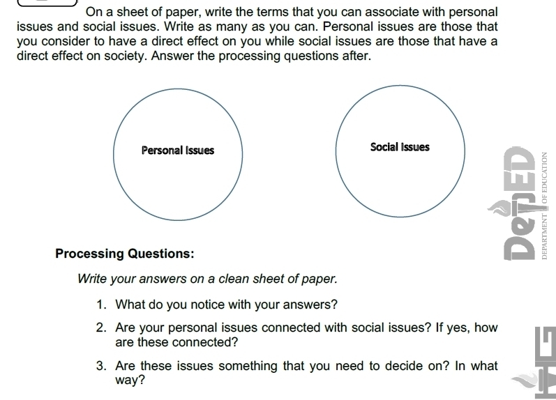 On a sheet of paper, write the terms that you can associate with personal 
issues and social issues. Write as many as you can. Personal issues are those that 
you consider to have a direct effect on you while social issues are those that have a 
direct effect on society. Answer the processing questions after. 
Personal Issues Social Issues 
Processing Questions: 
: 
Write your answers on a clean sheet of paper. 
1. What do you notice with your answers? 
2. Are your personal issues connected with social issues? If yes, how 
are these connected? 
3. Are these issues something that you need to decide on? In what 
way?