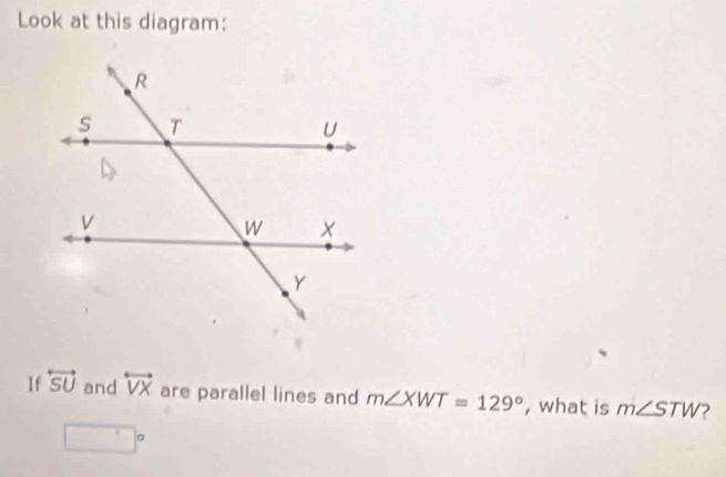 Look at this diagram: 
If overleftrightarrow SU and overleftrightarrow VX are parallel lines and m∠ XWT=129° , what is m∠ STW ?
□°