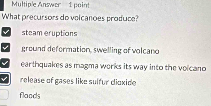 Multiple Answer 1 point
What precursors do volcanoes produce?
steam eruptions
ground deformation, swelling of volcano
earthquakes as magma works its way into the volcano
release of gases like sulfur dioxide
floods