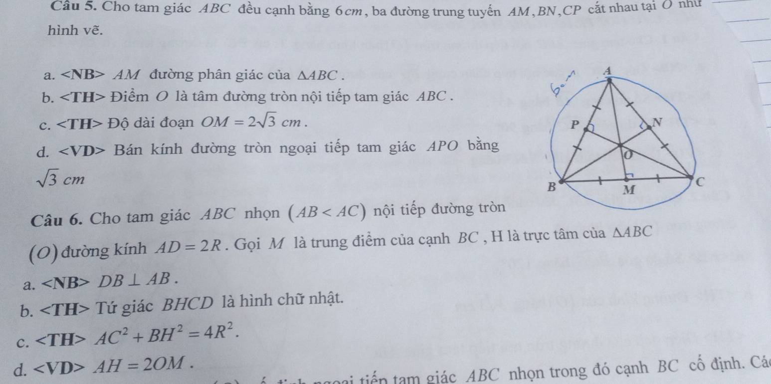 Cho tam giác ABC đều cạnh bằng 6cm, ba đường trung tuyến AM, BN, CP cắt nhau tại O như
hình vẽ.
a. AM đường phân giác của △ ABC.
b. Điểm O là tâm đường tròn nội tiếp tam giác ABC.
c. ∠ TH> Độ dài đoạn OM=2sqrt(3)cm.
d. Bán kính đường tròn ngoại tiếp tam giác APO bằng
sqrt(3)cm
Câu 6. Cho tam giác ABC nhọn (AB nội tiếp đường tròn
(O) đường kính AD=2R. Gọi M là trung điểm của cạnh BC , H là trực tâm của △ ABC
a. DB⊥ AB.
b. ∠ TH>Tu giác BHCD là hình chữ nhật.
C. AC^2+BH^2=4R^2.
d. AH=2OM. 
maitiến tam giác ABC nhọn trong đó cạnh BC cố định. Cá