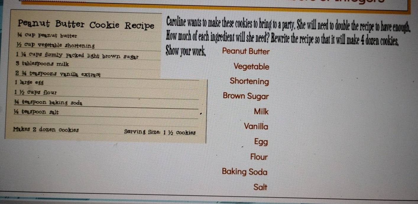 Pernut Butter Cookie Recipe Caroline wants to make these cookies to bring to a party. She will need to double the recipe to have enough, 
¾ cup peanut butter How much of each ingredient will she need? Rewrite the recipe so that it will make 4 dozen cookies, 
cup vegetable shortening Show your work, Peanut Butter 
1 ¼ cups firmly packed light brown sugar
3 tablespoons milk Vegetable 
2 34 teaspoons vanilla extract
1 large egg Shortening
1 ½ cups flour Brown Sugar
3 teaspoon baking soda
½ terspoon salt Milk 
Vanilla 
Makes 2 dozen cookies Serving Size: 1 ½ cookies 
Egg 
Flour 
Baking Soda 
Salt