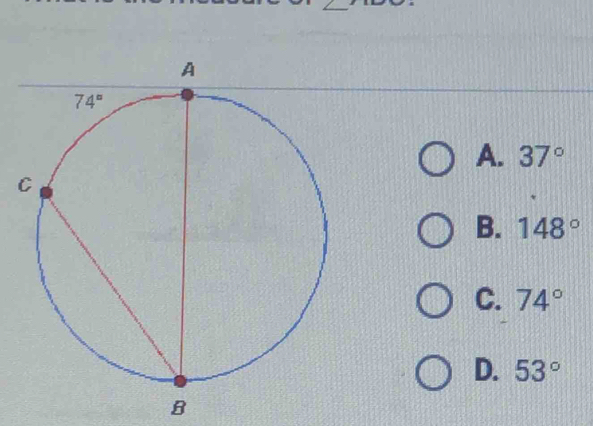 A. 37°
B. 148°
C. 74°
D. 53°
B