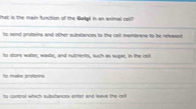 What is the main function of the Golgi in an animal cell? 
_ 
to send proteirs and other substances to the cell membrane to be released . 
_ 
_ 
to store water, waste, and nutrients, such as sugar, in the cell 
_ 
_ 
la mate proteins 
_ 
_ 
to control which substances exter and leave the cell 
_