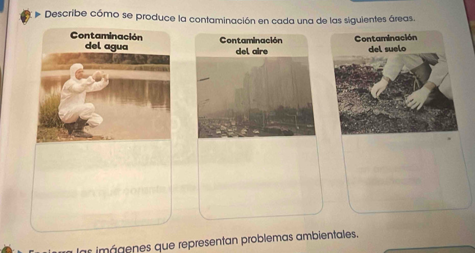 Describe cómo se produce la contaminación en cada una de las siguientes áreas. 

las imágenes que representan problemas ambientales.