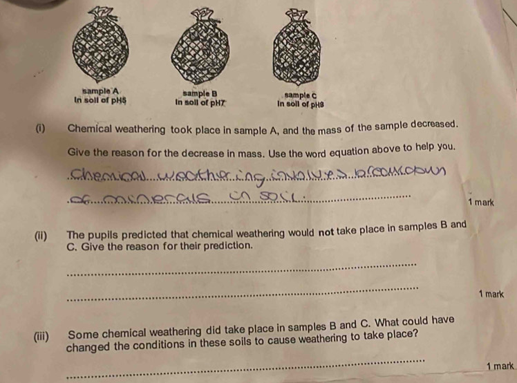 sample A sample B sample C 
In soll of pH5 In soll of pH7 In soll of pH8
(i) Chemical weathering took place in sample A, and the mass of the sample decreased. 
Give the reason for the decrease in mass. Use the word equation above to help you. 
_ 
_ 
1 mark 
(ii) The pupils predicted that chemical weathering would not take place in samples B and
C. Give the reason for their prediction. 
_ 
_ 
1 mark 
(iii) Some chemical weathering did take place in samples B and C. What could have 
_ 
changed the conditions in these soils to cause weathering to take place? 
1 mark