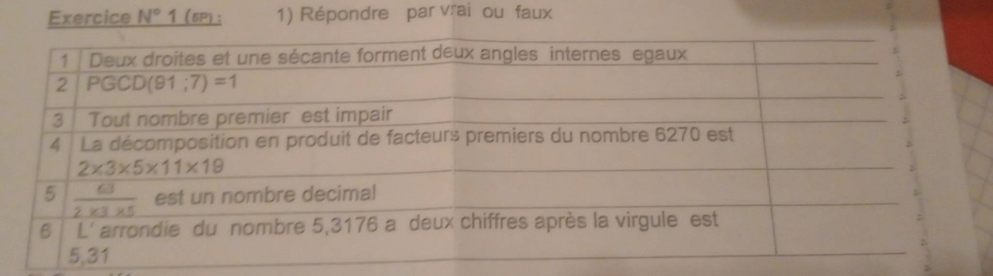 Exercice N° 1(5P): 1) Répondre par vrai ou faux