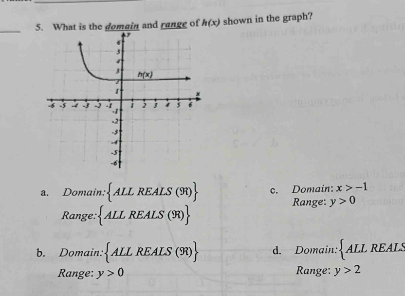 What is the domain and range of h(x) shown in the graph?
a. Domain:  ALLREA LS  ( 93) c. Domain: x>-1
Range: y>0
Range:  ALLREALS(R)
b. Domain:  ALL REALS (R) d. Domain: AI LL REALS
Range: y>0 Range: y>2