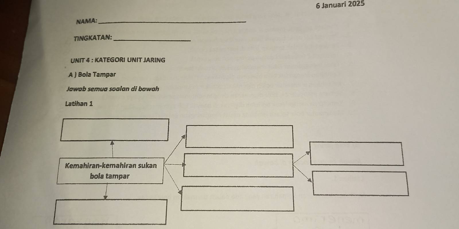 Januari 2025 
NAMA:_ 
TINGKATAN:_ 
UNIT 4 : KATEGORI UNIT JARING 
A ) Bola Tampar 
Jawab semua soalan di bawah 
Latihan 1 
a 
Kemahiran-kemahiran sukan 
bola tampar