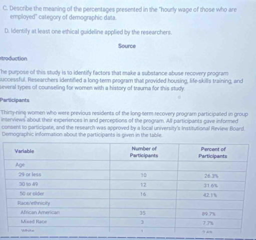 Describe the meaning of the percentages presented in the “ hourly wage of those who are 
employed" category of demographic data. 
D. Identify at least one ethical guideline applied by the researchers. 
Source 
troduction 
he purpose of this study is to identify factors that make a substance abuse recovery program 
successful. Researchers identified a long-term program that provided housing, life-skills training, and 
several types of counseling for women with a history of trauma for this study. 
Participants 
Thirty-nine women who were previous residents of the long-term recovery program participated in group 
interviews about their experiences in and perceptions of the program. All participants gave informed 
consent to participate, and the research was approved by a local university's Institutional Review Board. 
Demographic information about the participants is given in the table.