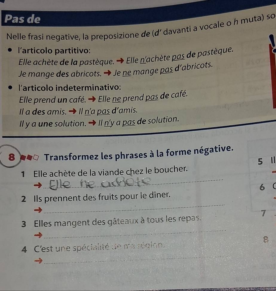 Pas de 
Nelle frasi negative, la preposizione de (d’ davanti a vocale o h muta) so 
l’articolo partitivo: 
Elle achète de la pastèque. → Elle n'achète pas de pastèque. 
Je mange des abricots. → Je ne mange pas d’abricots. 
larticolo indeterminativo: 
Elle prend un café. → Elle ne prend pas de café. 
ll a des amis. → Il n'a pas d’amis. 
ll y a une solution. → Il n'y a pas de solution. 
8 Transformez les phrases à la forme négative. 
5 1 
_ 
1 Elle achète de la viande chez le boucher. 
6  
_ 
2 Ils prennent des fruits pour le dîner. 
7 
_ 
3 Elles mangent des gâteaux à tous les repas. 
8 
_ 
4 C'est une spécialité de ma région.