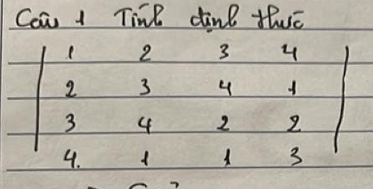 Con 1 Tine dine thwo
beginvmatrix 1&2&3&4 2&3&4&1 3&4&2&2 4&1&1&3endvmatrix