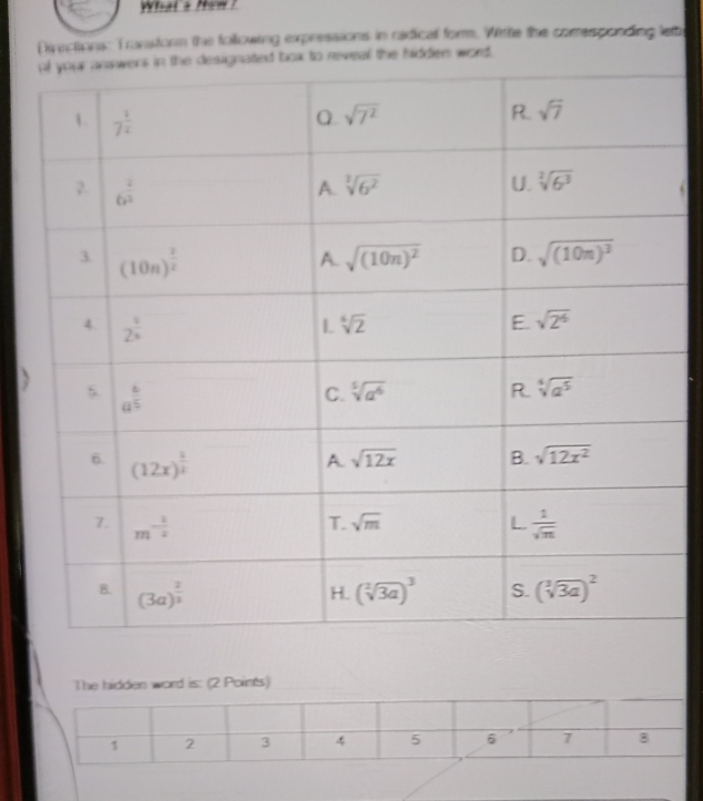 What s tem ?
Directions: Transtorn the following expressions in radical for. Wirte the comesponding lette
box to reveal the hidden word.
The hidden word is: (2 Points)