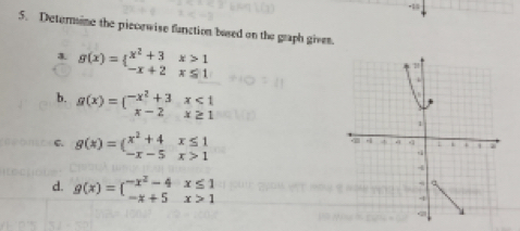 ·15
5. Determine the piecowise function bosed on the graph gives.
g(x)=beginarrayl x^2+3x>1 -x+2x≤ 1endarray.
b. g(x)=beginarrayl -x^2+3x<1 x-2x≥ 1endarray.
C. g(x)=(beginarrayr x^2+4x≤ 1 -x-5x>1endarray
d. g(x)=beginarrayl -x^2-4x≤ 1 -x+5x>1endarray.