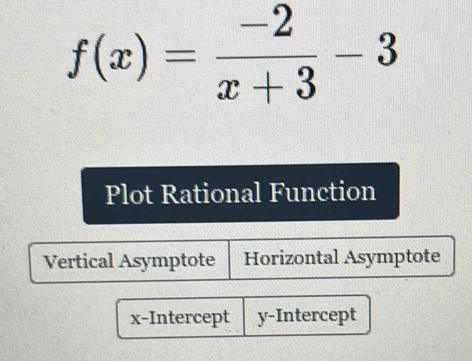 f(x)= (-2)/x+3 -3
Plot Rational Function
Vertical Asymptote Horizontal Asymptote
x-Intercept y-Intercept