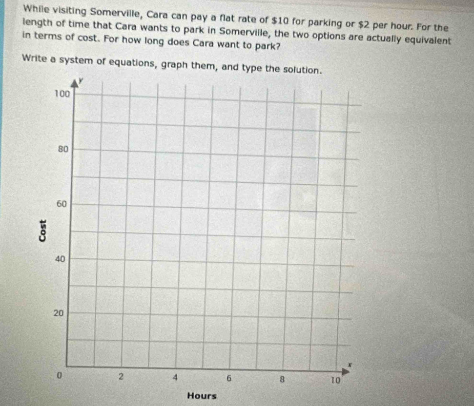 While visiting Somerville, Cara can pay a flat rate of $10 for parking or $2 per hour. For the 
length of time that Cara wants to park in Somerville, the two options are actually equivalent 
in terms of cost. For how long does Cara want to park? 
Write a system of equations, graph them, and type the solution.
Hours