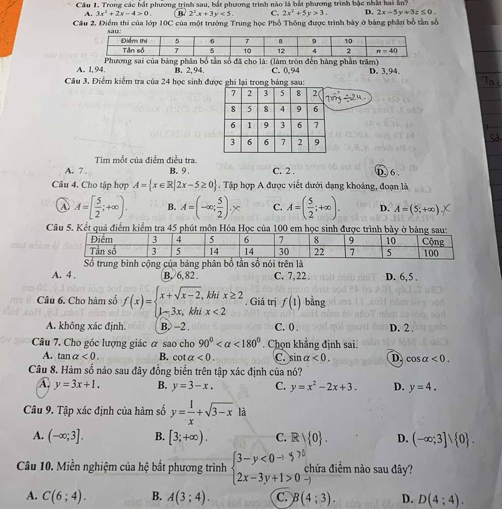 Trong các bất phương trình sau, bất phương trình nào là bất phương trình bậc nhất hai ần?
A. 3x^2+2x-4>0. B. 2^2-+3y<5. C. 2x^2+5y>3. D. 2x-5y+3z≤ 0.
Câu 2. Điểm thi của lớp 10C của một trường Trung học Phổ Thông được trình bảy ở bảng phân bố tần số
Phương sai của bảng phân bố tần số đã cho là: (làm tròn đến hàng phần trăm)
A. 1,94. B. 2, 94. C. 0,94 D. 3,94.
Câu 3. Điểm kiểm tra của 24 học sinh được ghi lại trong bảng sau:
7 2 3 5 8 2
8 5 8 4 9 6
6 1 9 3 6 7
3 6 6 7 2 9
Tìm mốt của điểm điều tra.
A. 7 . B. 9 . C. 2 . D. 6 .
Câu 4. Cho tập hợp A= x∈ R|2x-5≥ 0. Tập hợp A được viết dưới dạng khoảng, đoạn là
④ A=[ 5/2 ;+∈fty ). B. A=(-∈fty ; 5/2 ).x C. A=( 5/2 ;+∈fty ). D. A=(5;+∈fty )
Câu 5. Kết quả điểm kiểm tra 45 phút môn Hóa Học của 100 em học sinh được trìn
g bình cộng của bảng phân bố tần số nói trên là
A. 4 . B, 6,82 . C. 7, 22 . D. 6,5 .
Câu 6. Cho hàm số f(x)=beginarrayl x+sqrt(x-2),khix≥ 2 1-3x,khix<2endarray.. Giá trị f(1) bằng
A. không xác định. B. -2 . C. 0 . D. 2 .
Câu 7. Cho góc lượng giác α sao cho 90° <180°. Chọn khắng định sai.
A. tan alpha <0. B. cot alpha <0. C. sin alpha <0. D cos alpha <0.
Câu 8. Hàm số nào sau đây đồng biến trên tập xác định của nó?
A y=3x+1.
B. y=3-x. C. y=x^2-2x+3. D. y=4.
Câu 9. Tập xác định của hàm số y= 1/x +sqrt(3-x)la
A. (-∈fty ;3]. B. [3;+∈fty ). C. R| 0 . D. (-∈fty ;3]vee  0 .
Câu 10. Miền nghiệm của hệ bất phương trình beginarrayl 3-y<0to  2x-3y+1>0endarray. chứa điểm nào sau đây?
B.
A. C(6;4). A(3;4). C. B(4;3). D. D(4;4).