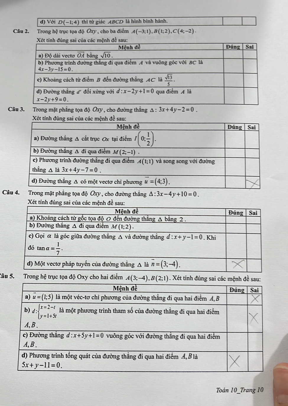 Với D(-1;4) thì tử giác ABCD là hình bình hành.
Câu 2. Trong hệ trục tọa độ Oxy , cho ba điểm A(-3;1),B(1;2),C(4;-2).
au:
Câu 3. Trong mặt phẳng tọa độ Oxy , cho đường thẳng △ :3x+4y-2=0.
Câu 4. Trong mặt phẳng tọa độ Oxy , cho đường thắng △ :3x-4y+10=0.
Xét tính đúng sai của các mệnh đề sau:
Câu 5. Trong hệ trục tọa độ Oxy cho hai điểm A(3;-4),B(2;1). Xét tính đúng sai các mệnhsau:
Toán 10_Trang 10