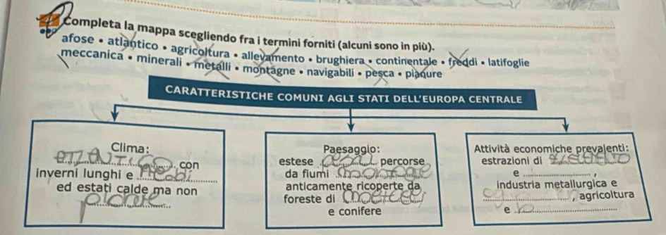 Completa la mappa scegliendo fra i termini forniti (alcuni sono in più).
afose • atlântico • agricoltura • allevamento • brughiera • continentale • freddi • latifoglie
meccanica • minerali » metalli » montagne » navigabili » pesca » piaqure
CARATTERISTICHE COMUNI AGLI STATI DELL'EUROPA CENTRALE
Clima: Paesaggio: * Attività economiche prevalenti:
_con
estese perçorse estrazioni di
inverni lunghi e_ da fiumi _e_
ed estați calde ma non anticamente ricoperte da Industria metallurgica e
_
foreste di_
e conifere ___Q_ agricoltura