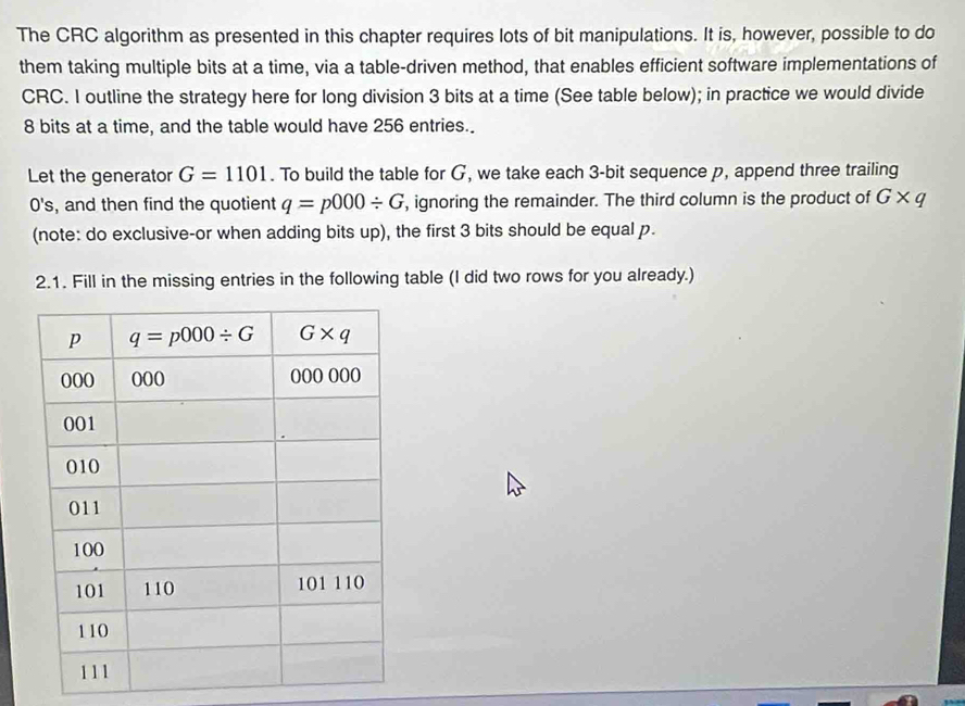 The CRC algorithm as presented in this chapter requires lots of bit manipulations. It is, however, possible to do
them taking multiple bits at a time, via a table-driven method, that enables efficient software implementations of
CRC. I outline the strategy here for long division 3 bits at a time (See table below); in practice we would divide
8 bits at a time, and the table would have 256 entries..
Let the generator G=1101. To build the table for G, we take each 3-bit sequence p, append three trailing
0's, and then find the quotient q=p000/ G , ignoring the remainder. The third column is the product of G* q
(note: do exclusive-or when adding bits up), the first 3 bits should be equal p.
2.1. Fill in the missing entries in the following table (I did two rows for you already.)