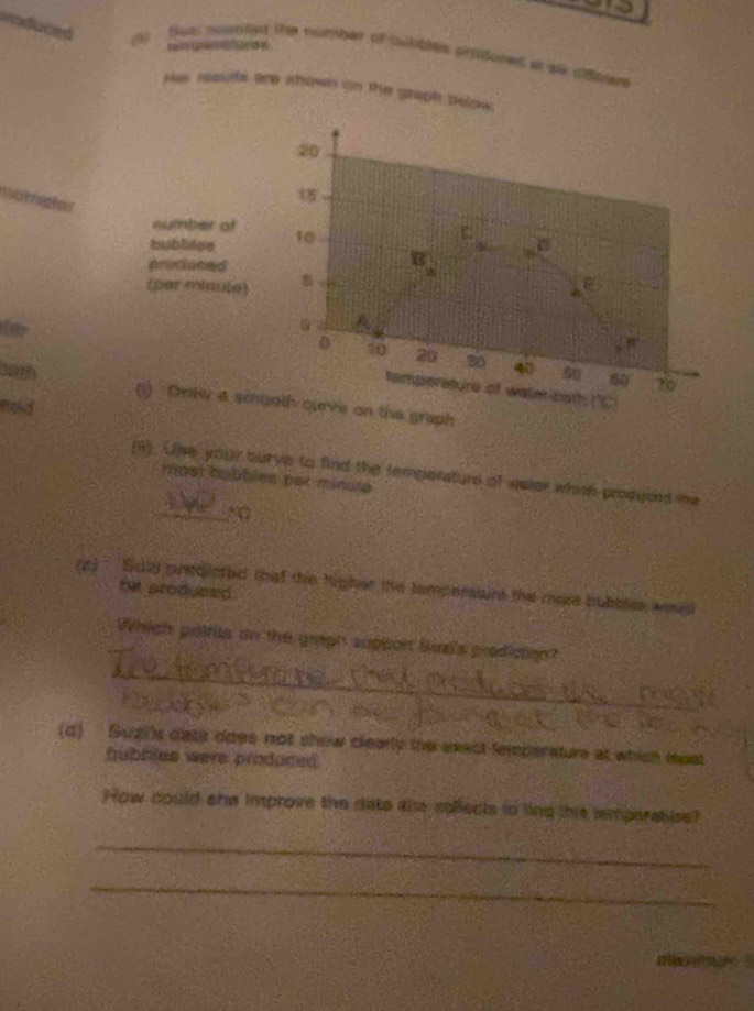 ten uerefores. 
(h) fus sorted the number of sumbles orfitoned a go difoer 
Her reaulfs are shown on the graph below.
20
15
sumber of 
bubbige 10
C
0
prociaced 
B 
(per minule)
40 20 80
t tamperature of wate-beth ('C) 
Nigh 40 60 t0 
(1) Drtw 4 smuoth curve on the graph 
elad 
(i). Use your burve to find the tempenture of weler which prodyoed me 
most habbles par minule 
_ 
(2) Sild preqieted that the higher the tampersture the mose bubbles woad 
het produeed. 
_ 
Which poltite on the graph support Suals prodiction? 
_ 
(d) Suzis date does not show clearly the exect femperature at which most 
bubbles were produced. 
How could she improve the date ale solects to ling this iemperatise? 
_ 
_