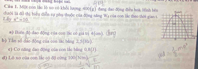 th sinh chọn dung hoặc sai.
Câu 1. Một con lắc lò xo có khối lượng 400(g) đang dao động điều hoà. Hình bên
dưới là đồ thị biểu diễn sự phụ thuộc của động năng W₄ của con lắc theo thời gian t.
Lấy π^2=10.
a) Biên độ dao động của con lắc có giá trị 4(cm).
b) Tần số dảo động của con lắc bằng 2,5(Hz).
c) Cơ năng dao động của con lắc bằng 0,8(J).
d) Lò xo của con lắc có độ cứng 100(N/m)