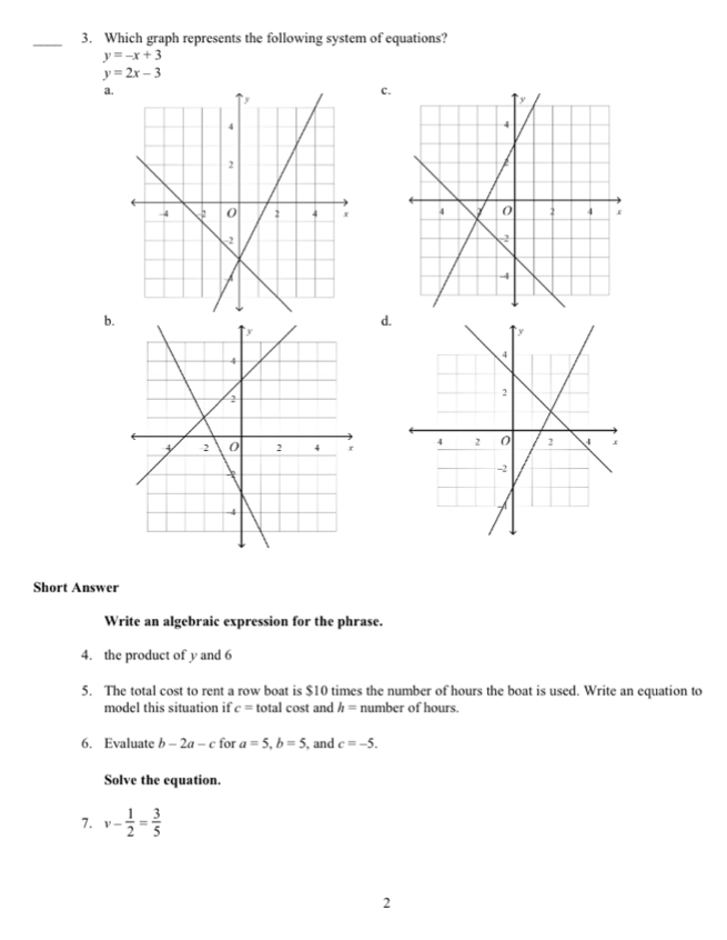 Which graph represents the following system of equations?
y=-x+3
y=2x-3
a. 
c. 

b. 
d. 

Short Answer 
Write an algebraic expression for the phrase. 
4. the product of y and 6
5. The total cost to rent a row boat is $10 times the number of hours the boat is used. Write an equation to 
model this situation if c= total cost and h= number of hours. 
6. Evaluate b-2a-c for a=5, b=5 , and c=-5. 
Solve the equation. 
7. v- 1/2 = 3/5 
2