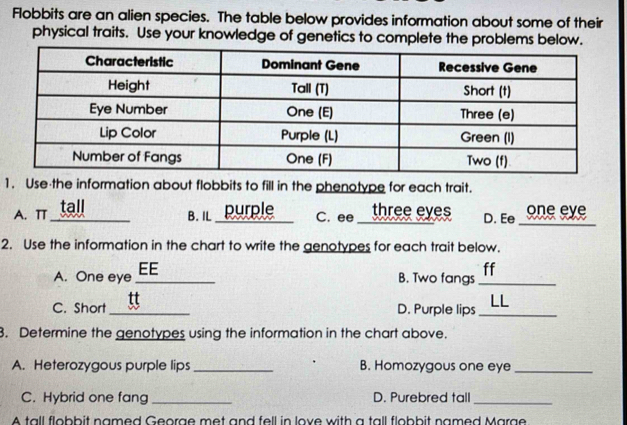 Flobbits are an alien species. The table below provides information about some of their 
physical traits. Use your knowledge of genetics to complete the problems below. 
1. Use the information about flobbits to fill in the phenotype for each trait. 
A. π_ B. IL _purple C. ee three eyes D. Ee _one exe 
2. Use the information in the chart to write the genotypes for each trait below. 
A. One eye _EE 
ff 
B. Two fangs_ 
C. Short_ D. Purple lips _LL 
3. Determine the genotypes using the information in the chart above. 
A. Heterozygous purple lips_ B. Homozygous one eye_ 
C. Hybrid one fang _D. Purebred tall_ 
A tall flobbit named George met and fell in love with a tall flobbit named Marge