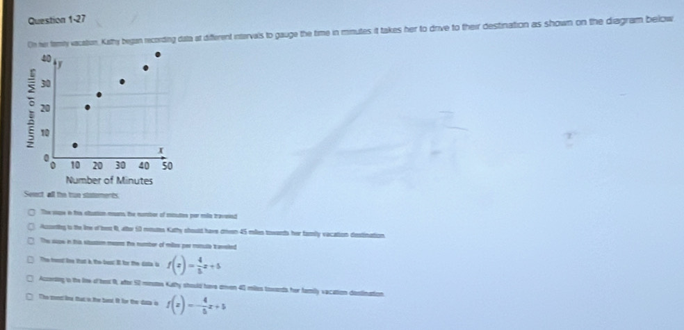 On her famly vacation. Kithy began recording data at different intervals to gauge the time in minutes it takes her to drive to their destination as shown on the diagram below
Seact, all the true statements.
The sge in tis stution moom the cumber of moutes par min traveed
Acsorting to the line of ben 0, after 50 romutes Kathy shoult have creen 45 mles towands her family vacation destination
The suse in tis situsson mom the number of miles per monute taveled
The feood live that is, the des! It for the data is f(x)= 4/5 x+5
I Aczording tn the lie of tt 9, after 52 moutes Kathy should have oen 40 miles tosents her family vacation destination
The mons lime that wthe best it for the data is f(x)=- 4/5 x+5