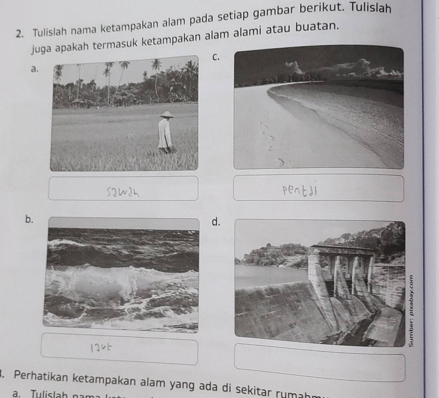 Tulislah nama ketampakan alam pada setiap gambar berikut. Tulislah 
juga apakah termasuk ketampakan alam alami atau buatan. 
C. 
a. 
b. 
d. 
3. Perhatikan ketampakan alam yang ada di sekitar ru mah 
a. Tulislah na