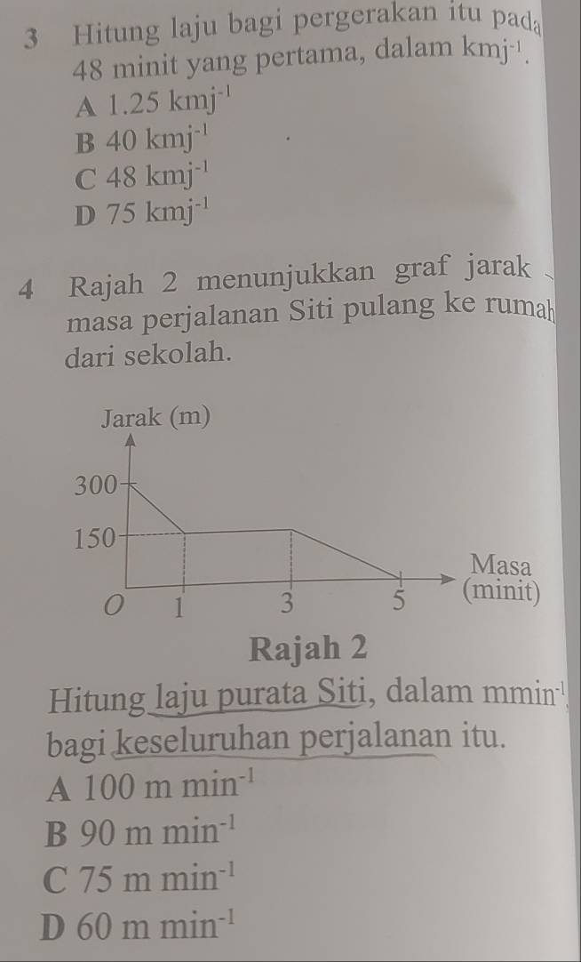 Hitung laju bagi pergerakan itu pada
48 minit yang pertama, dalam kmj^(-1).
A 1.25kmj^(-1)
B 40kmj^(-1)
C 48kmj^(-1)
D 75kmj^(-1)
4 Rajah 2 menunjukkan graf jarak
masa perjalanan Siti pulang ke rumah
dari sekolah.
Rajah 2
Hitung laju purata Siti, dalam mmin
bagi keseluruhan perjalanan itu.
A 100mmin^(-1)
B 90mmin^(-1)
C 75mmin^(-1)
D 60mmin^(-1)