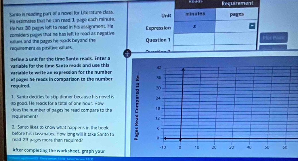 Reads 
Santo is reading part of a novel for Literature class. 
He estimates that he can read 1 page each minute. 
He has 30 pages left to read in his assignment. He 
considers pages that he has left to read as negative 
values and the pages he reads beyond the or Pawc 
requirement as positive values. 
4 
Define a unit for the time Santo reads. Enter a 
variable for the time Santo reads and use this 
variable to write an expression for the number 
of pages he reads in comparison to the number 
required. 
1. Santo decides to skip dinner because his novel is 
so good. He reads for a total of one hour. How 
does the number of pages he read compare to the 
requirement? 
2. Santo likes to know what happens in the book 
before his classmates. How long will it take Santo to 
read 29 pages more than required? 
After completing the worksheet, graph your 
Cliest Venson: 0.9.30 Servoe Verssec 0.9,30