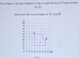 This shape is being enlarged using a scale factor of 2 and centre
(6,3). 
Work out the coordinates of A' and B'.