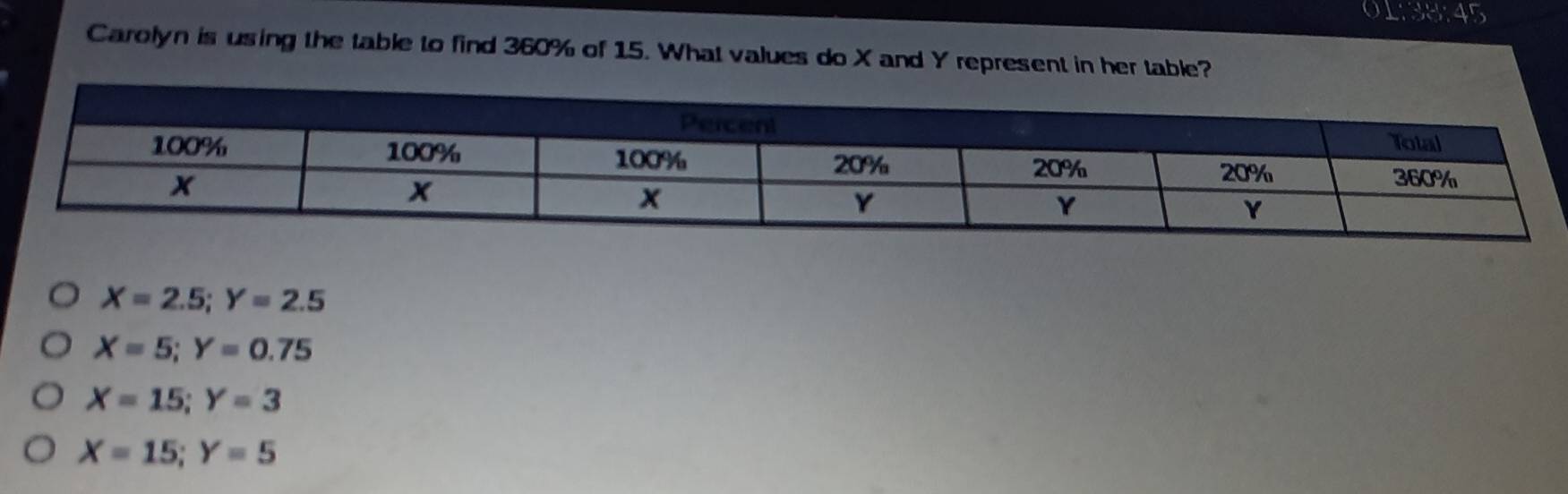 ) 1:3k^3, 4^5
Carolyn is using the table to find 360% of 15. What values do X and Y represent in her table?
X=2.5; Y=2.5
X=5; Y=0.75
X=15; Y=3
X=15; Y=5