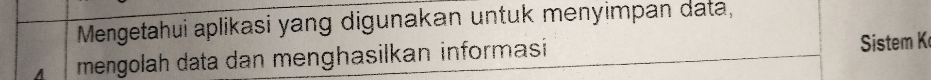 Mengetahui aplikasi yang digunakan untuk menyimpan data, 
A mengolah data dan menghasilkan informasi 
Sistem K