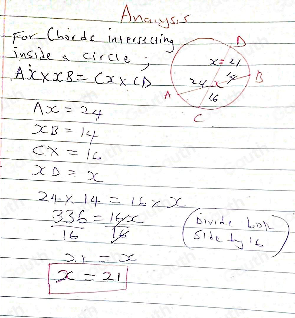 Anarysis 
For Chirds intersecting 
D 
inside a circle;
A'x* xB=Cx* CD
x=21
I4e
2yx^3 B 
A
16
Ax=24
C
x_B=14
CX=16
x_D=x
24* 14=16* x
 336/16 = 16x/14 
21=x
x=21