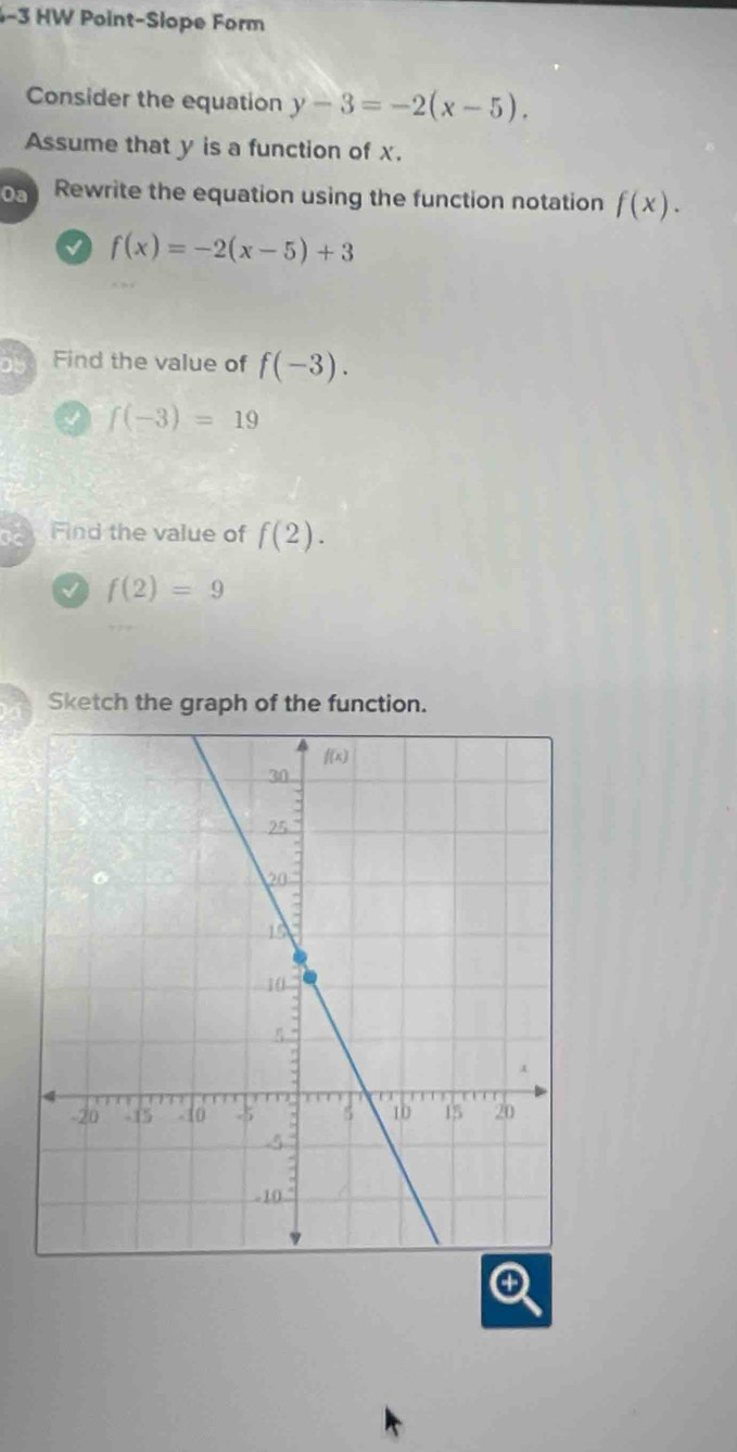 HW Point-Slope Form
Consider the equation y-3=-2(x-5).
Assume that y is a function of x.
Rewrite the equation using the function notation f(x).
√ f(x)=-2(x-5)+3
Find the value of f(-3).
f(-3)=19
Find the value of f(2).
√ f(2)=9
Sketch the graph of the function.