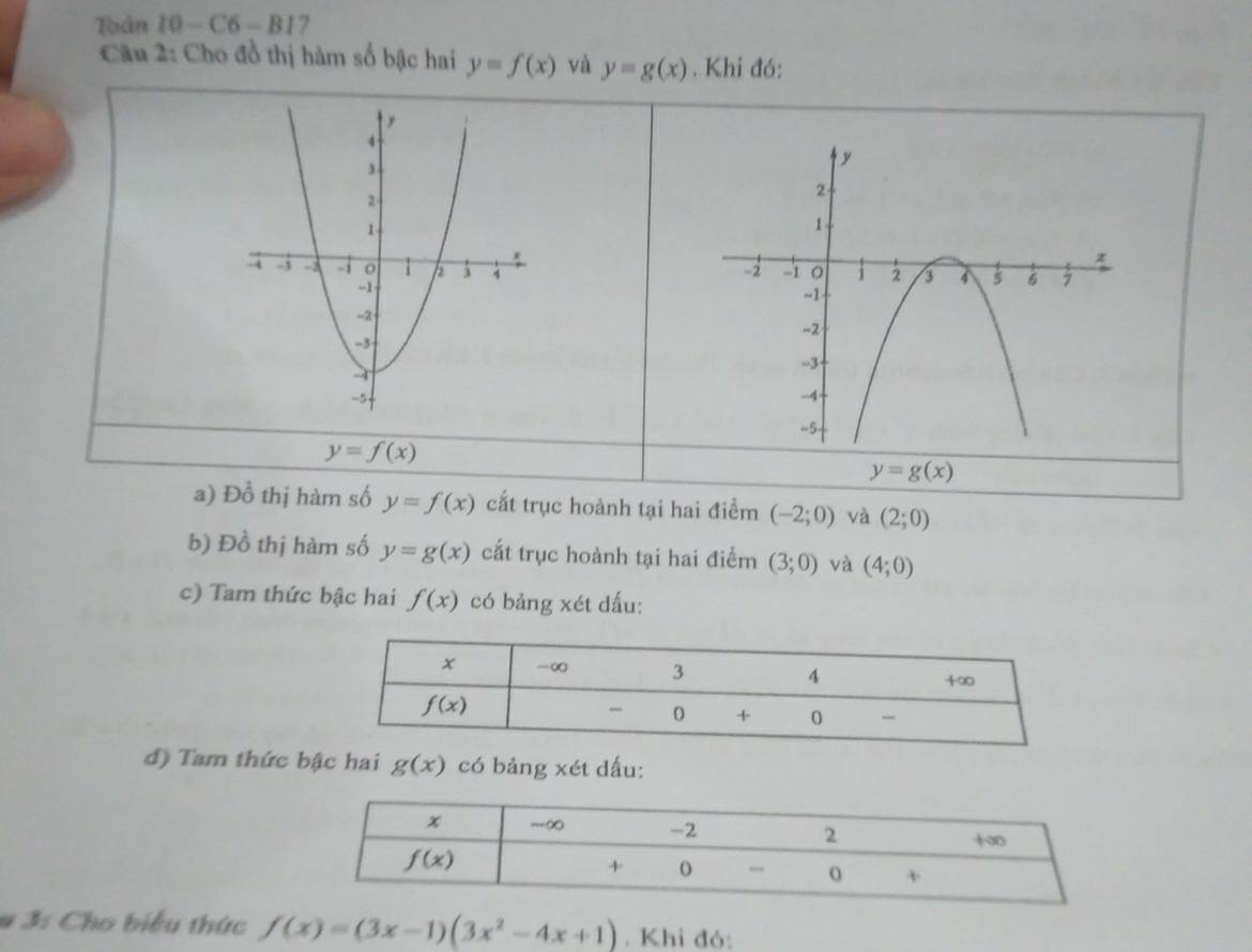 Toán 10-C6-BI 7
Câu 2: Cho đồ thị hàm số bậc hai y=f(x) và y=g(x). Khi đó:

y=f(x)
y=g(x)
a) Đồ thị hàm số y=f(x) cắt trục hoành tại hai điểm (-2;0) và (2;0)
b) Đồ thị hàm số y=g(x) cắt trục hoành tại hai điểm (3;0) và (4;0)
c) Tam thức bậc hai f(x) có bảng xét dấu:
đ) Tam thức bậc hai g(x) có bảng xét dấu:
# 3: Cho biểu thức f(x)=(3x-1)(3x^2-4x+1). Khi đó: