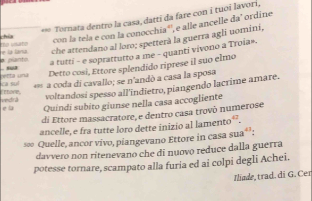 chía *∞ Tornata dentro la casa, datti da fare con i tuoi lavori, 
con la tela e con la conocchia*,e alle ancelle da’ ordine 
re la lana. che attendano al loro; spetterà la guerra agli uomini, 
tlo usato 
o: pianto. a tutti - e soprattutto a me - quanti vivono a Troia». 
r etta u na Detto così, Ettore splendido riprese il suo elmo 
.. sua 
ica sul 49 a coda di cavallo; se n’andò a casa la sposa 
voltandosi spesso all’indietro, piangendo lacrime amare. 
Ettore, 
vedrá 
e la Quindi subito giunse nella casa accogliente 
di Ettore massacratore, e dentro casa trovò numerose 
ancelle, e fra tutte loro dette inizio al lamento^(42). 
s0 Quelle, ancor vivo, piangevano Ettore in casa sua^(43) : 
davvero non ritenevano che di nuovo reduce dalla guerra 
potesse tornare, scampato alla furia ed ai colpi degli Achei. 
Iliade, trad. di G. Cer