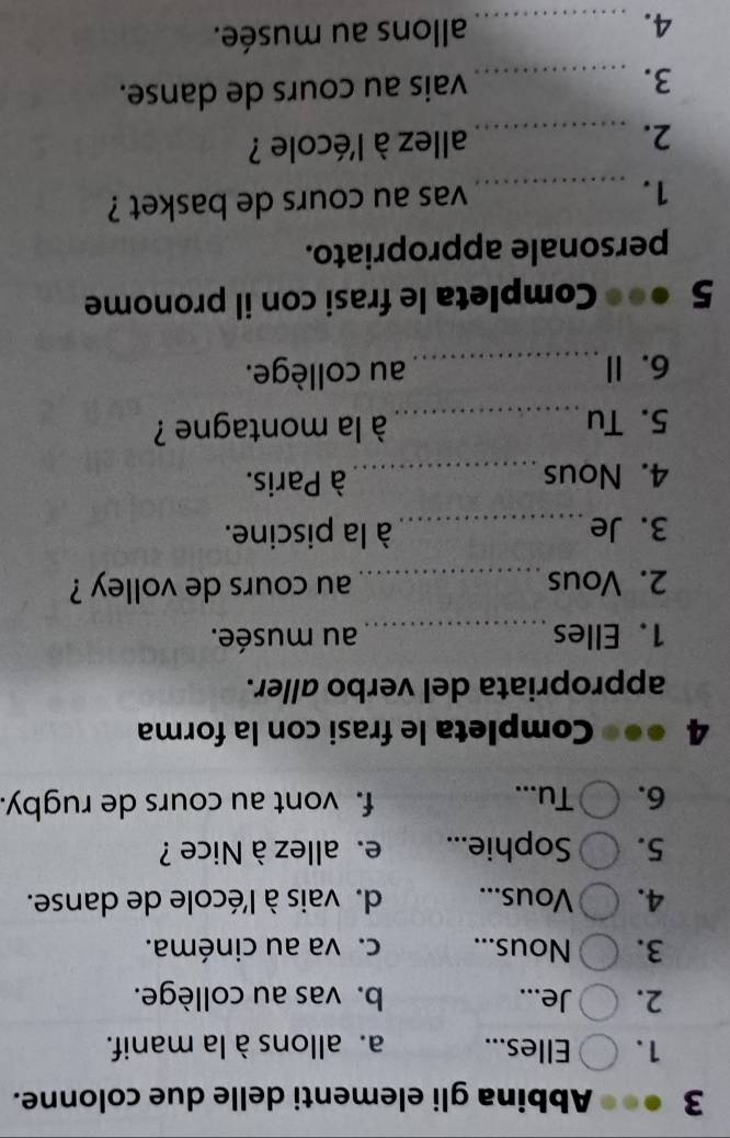 Abbina gli elementi delle due colonne. 
1. Elles... a. allons à la manif. 
2. Je... b. vas au collège. 
3. Nous... c. va au cinéma. 
4. Vous... d. vais à l'école de danse. 
5. Sophie... e. allez à Nice ? 
6. Tu... f. vont au cours de rugby. 
4 Completa le frasi con la forma 
appropriata del verbo aller. 
1. Elles _au musée. 
2. Vous_ au cours de volley ? 
3. Je_ à la piscine. 
4. Nous_ à Paris. 
5. Tu _ à la montagne ? 
6. Ⅱ _au collège. 
5 Completa le frasi con il pronome 
personale appropriato. 
1. _vas au cours de basket ? 
2. _allez à l'école ? 
3. _vais au cours de danse. 
4. _allons au musée.