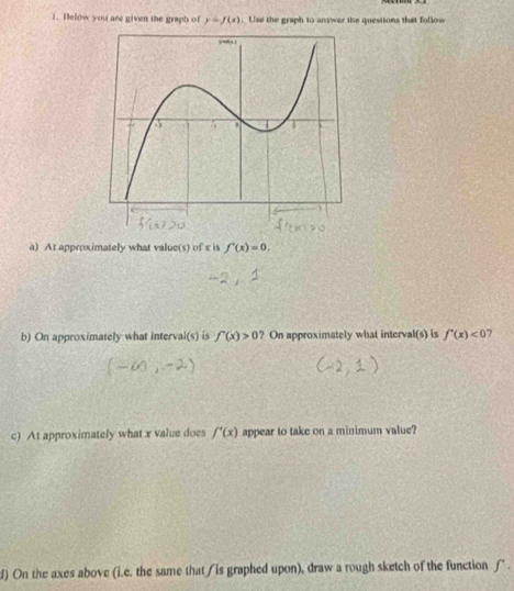 Below you are given the graph of y=f(x). Use the graph to answer the questions that follow 
a) At approximately what value(s) of x is f'(x)=0. 
b) On approximately what interval(s) is f'(x)>0 ? On approximately what interval(s) is f'(x)<0</tex> 7 
c) At approximately what x value does f'(x) appear to take on a minimum value? 
f) On the axes above (i.e. the same that / is graphed upon), draw a rough sketch of the function f'