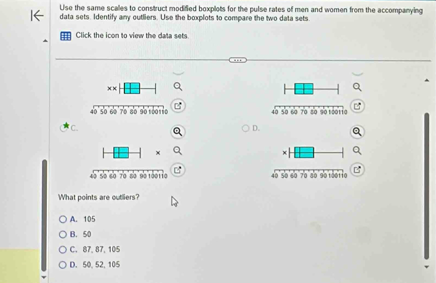 Use the same scales to construct modified boxplots for the pulse rates of men and women from the accompanying
data sets. Identify any outliers. Use the boxplots to compare the two data sets.
Click the icon to view the data sets.

C.
D.

What points are outliers?
A. 105
B. 50
C. 87, 87, 105
D. 50, 52, 105