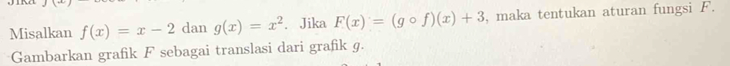 Misalkan f(x)=x-2 dan g(x)=x^2. Jika F(x)=(gcirc f)(x)+3 , maka tentukan aturan fungsi F.
Gambarkan grafik F sebagai translasi dari grafik 9.