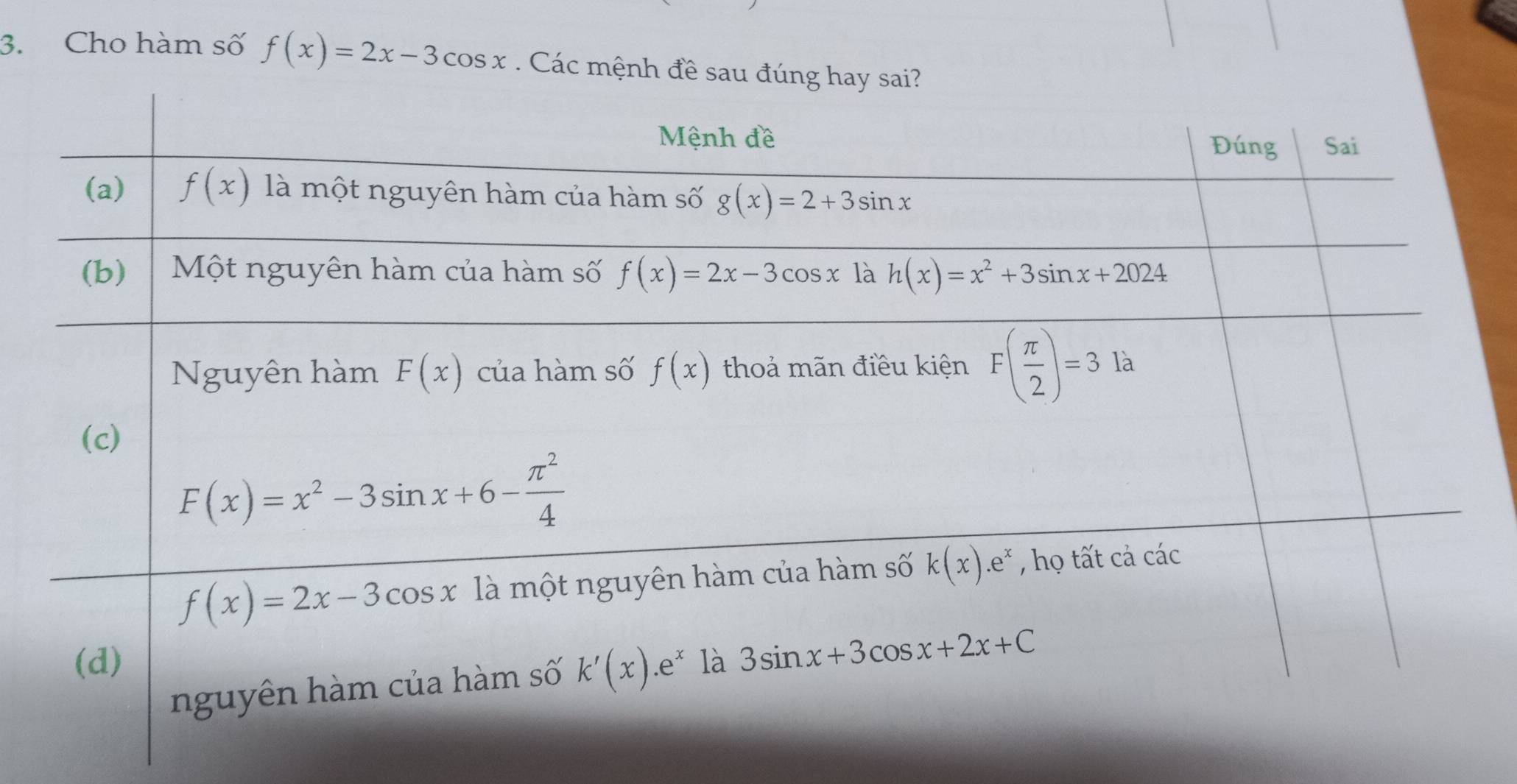 Cho hàm số f(x)=2x-3cos x.. Các mệnh đề