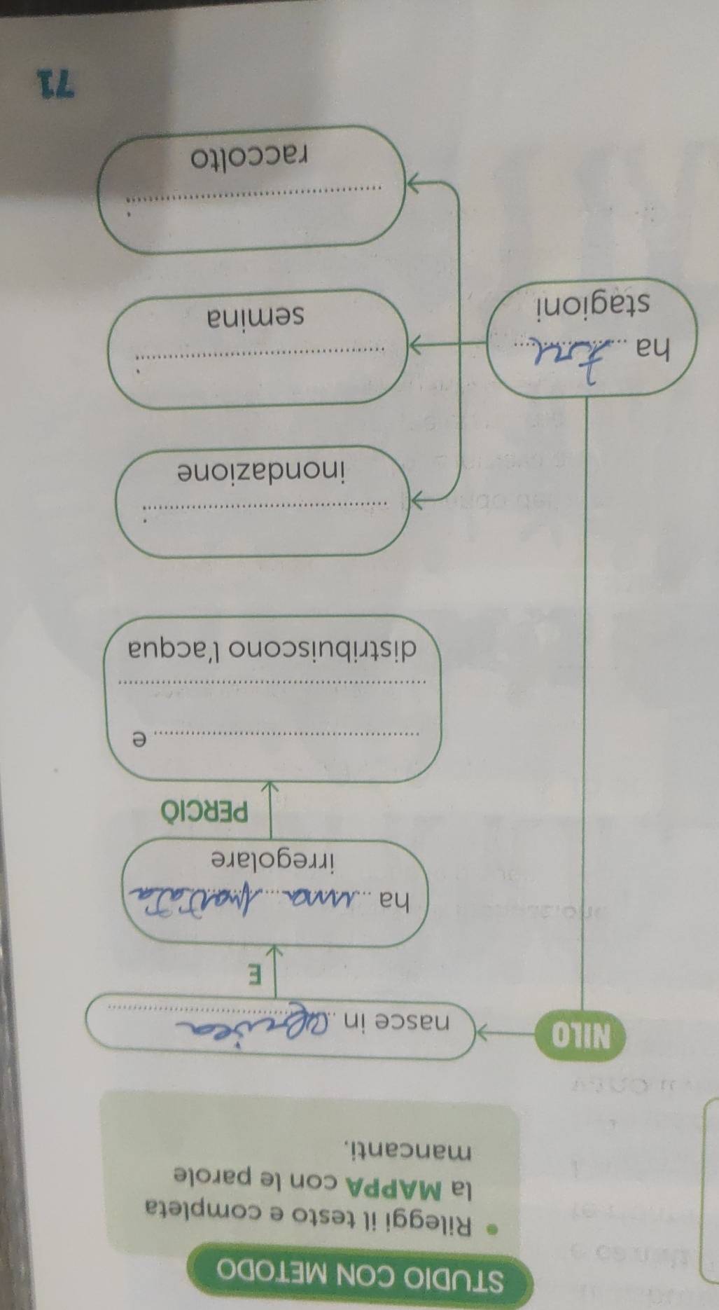 STUDIO CON METODO 
Rileggi il testo e completa 
la MAPPA con le parole 
mancanti. 
NILO 
nasce in_ 
E 
ha_ 
irregolare 
PERCID 
_e 
_ 
distribuiscono l’acqua 
_. 
inondazione 
ha_ 
_.: 
stagioni semina 
_ 
raccolto
71