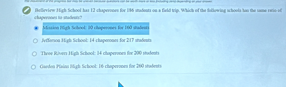 The movement of the progress bar may be uneven because questions can be worth more or less (including zera) depending on your onswer
I Belleview High School has 12 chaperones for 186 students on a field trip. Which of the following schools has the same ratio of
chaperones to students?
Mission High School: 10 chaperones for 160 students
Jefferson High School: 14 chaperones for 217 students
Three Rivers High School: 14 chaperones for 200 students
Garden Plains High School: 16 chaperones for 260 students