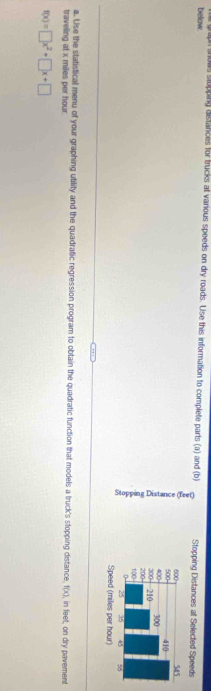 graph shows stupping distances for trucks at various speeds on dry roads. Use this information to complete parts (a) and (b) 
below. Stopping Distances at Selected Speeds 
a.. Use the statistical menu of your graphing utility and the quadratic regression program to obtain the quadratic function that models a truck's stopping distance, f(x), in feet, on dry pavement 
traveling at x miles per hour
f(x)=□ x^2+□ x+□