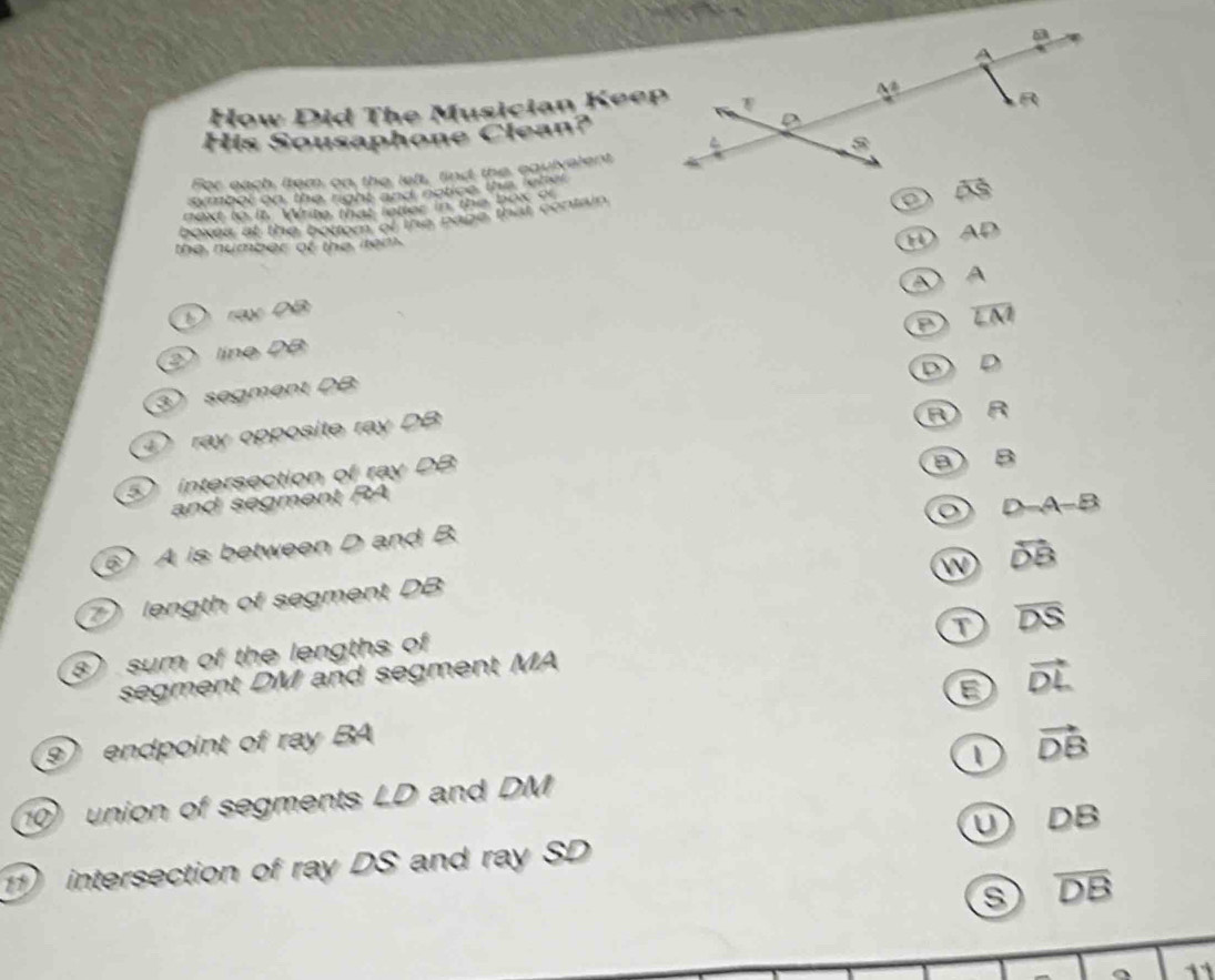 How Did The Musician Kee
His Sousaphone Clean?
For each item on the left, find the equivalent,
symbol on, the right and notice, the lebel
next to it. Write that letter in the box of
vector OS
boxes at the bottom of the page that contain
the number of the item.
a AD
a A
D rạy 0B
overline LM
D  líne DB
D D
③ segment DB
① ray opposite ray DB
A R
D intersection of ray DB B B
and segment RA
D-A-B
) A is between D and B
w vector DB
length of segment DB
o overline DS
s)  sum of the lengths of
segment DM and segment MA
6 vector DL
endpoint of ray BA vector DB
10 union of segments ∠ D and DM
U DB
1 intersection of ray DS and ray SD
s overline DB